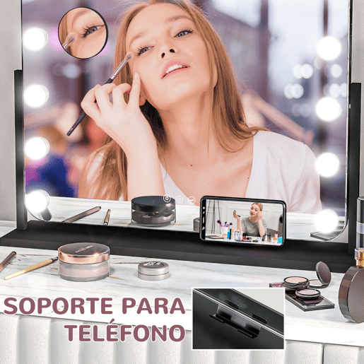 HOMCOM Espelho de Maquilhagem Estilo Hollywood com Luzes Espelho de Toucador Giratório 58x46 cm com 14 Lâmpadas LED 3 Modos de Iluminação Ajustáveis Interruptor Tátil Suporte para Telemóvel e Entrada USB Preto