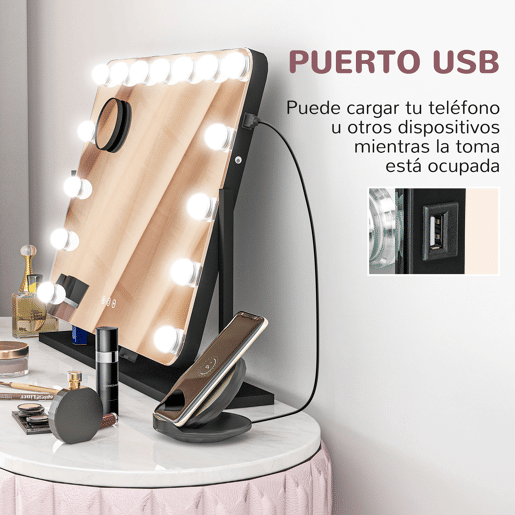 HOMCOM Espelho de Maquilhagem Estilo Hollywood com Luzes Espelho de Toucador Giratório 58x46 cm com 14 Lâmpadas LED 3 Modos de Iluminação Ajustáveis Interruptor Tátil Suporte para Telemóvel e Entrada USB Preto