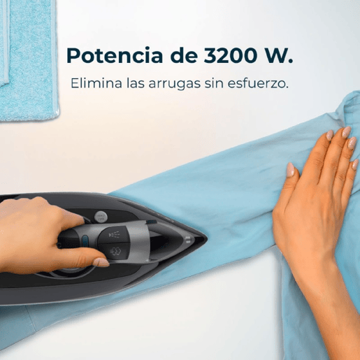 Cecotec Ferro de engomar horizontal com bomba de 3200 W, jato de vapor de 285 gmin e base anodizada ultradeslizante para uma durabilidade máxima.
