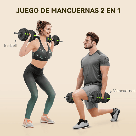 SPORTNOW Kit de Halteres 30 kg 2 em 1 Jogo de Pesos com Barra de Pesos Pega Antiderrapante para Treino de Força em Casa Ginásio Escritório Preto e Verde