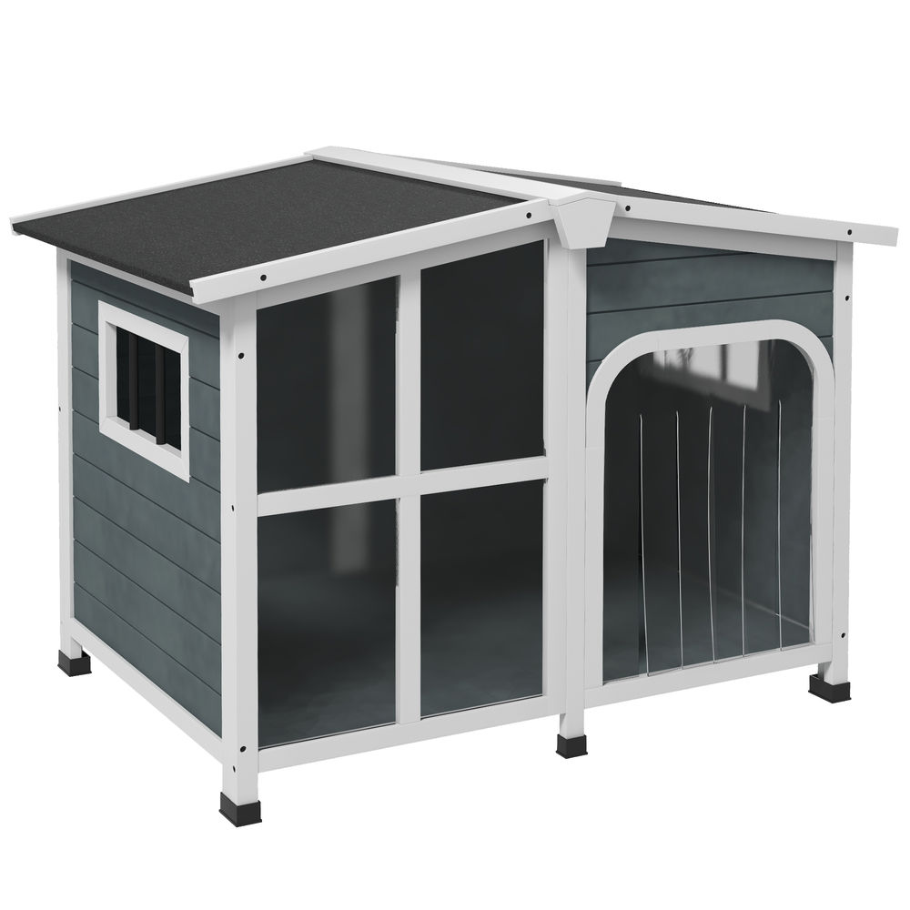Pawhut caseta para perros casa para perros pequeños de madera con techo abatible frontal de acrílico puerta con cortina y fondo extraíble 101x66,5x70,5 cm gris oscuro
