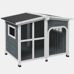 PawHut Casa para Cães de Madeira 101x66,5x70,5cm Casa para Animais de Estimação com Teto Abatível Frontal de Acrílico Porta com Cortina e Fundo Amovível Cinza Escuro