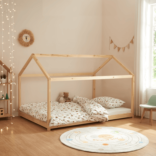 Cama de criança Cerro em forma de casa de pinho 120x200cm - Natural en.casa