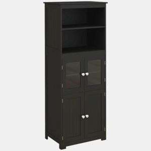 HOMCOM Armário de Cozinha com 2 Portas de Vidro Temperado 2 Prateleiras Abertas e Armário com Prateleira Ajustável para Sala de Estar 60x30x162 cm Preto