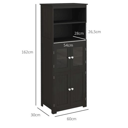 HOMCOM Armário de Cozinha com 2 Portas de Vidro Temperado 2 Prateleiras Abertas e Armário com Prateleira Ajustável para Sala de Estar 60x30x162 cm Preto