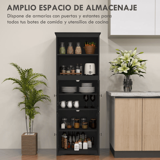 HOMCOM Armário de Cozinha com 2 Portas de Vidro Temperado 2 Prateleiras Abertas e Armário com Prateleira Ajustável para Sala de Estar 60x30x162 cm Preto