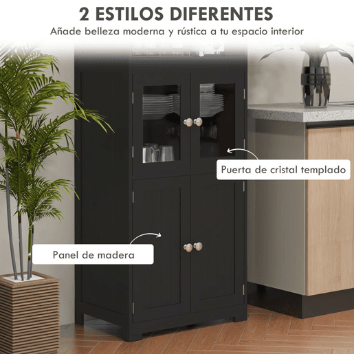 HOMCOM Armário de Cozinha com 2 Portas de Vidro Temperado 2 Prateleiras Abertas e Armário com Prateleira Ajustável para Sala de Estar 60x30x162 cm Preto