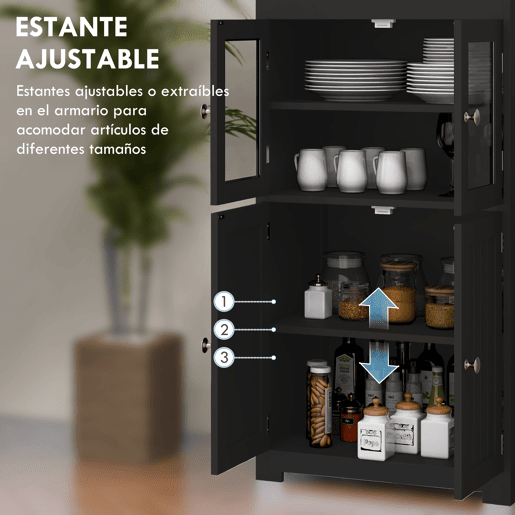 HOMCOM Armário de Cozinha com 2 Portas de Vidro Temperado 2 Prateleiras Abertas e Armário com Prateleira Ajustável para Sala de Estar 60x30x162 cm Preto