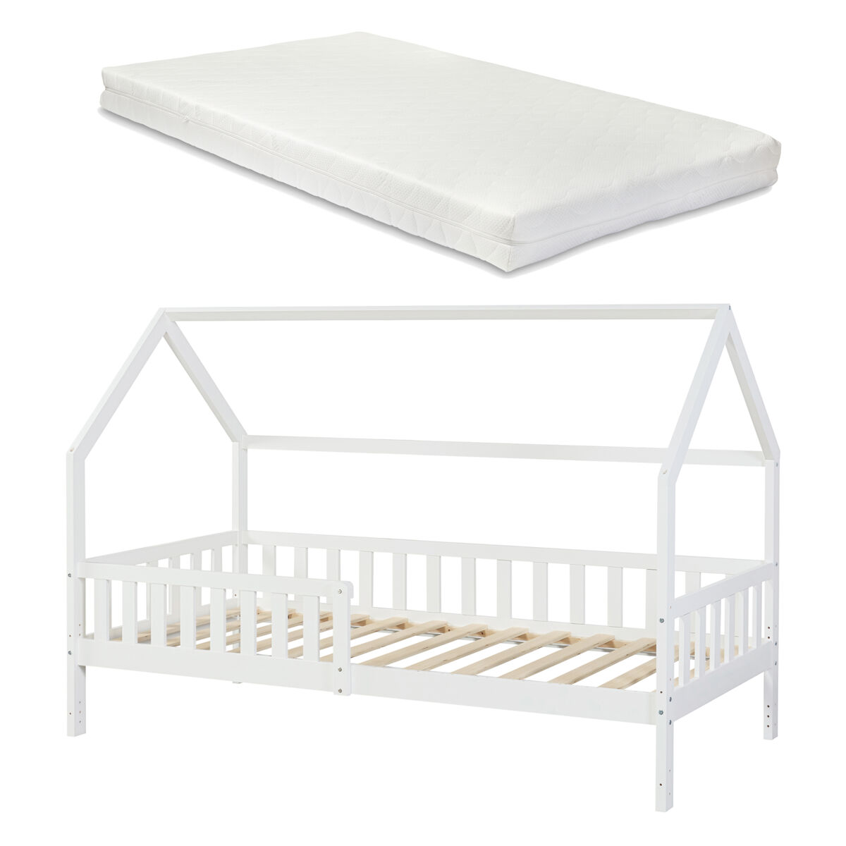 Cama infantil cabaña ydre con colchón regulable en altura pino 90x200cm - blanco [en.casa]
