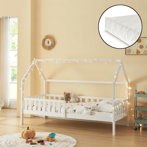 Cabina-cama para crianças Ydre com colchão regulável em altura pinho 90x200cm - Branco en.casa