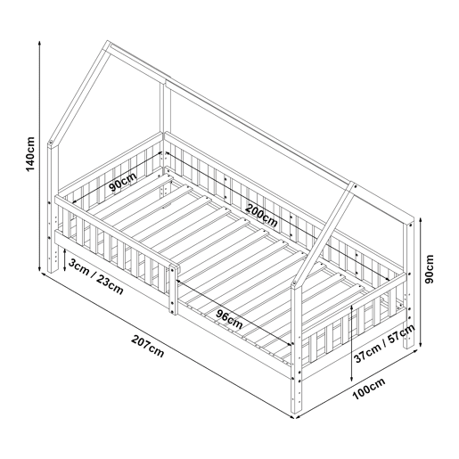 Cabina-cama para crianças Ydre com colchão regulável em altura pinho 90x200cm - Branco en.casa