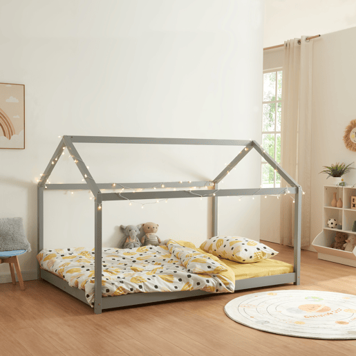Cama de criança Cerro em forma de casa de pinho 140x200cm - Cinzento en.casa
