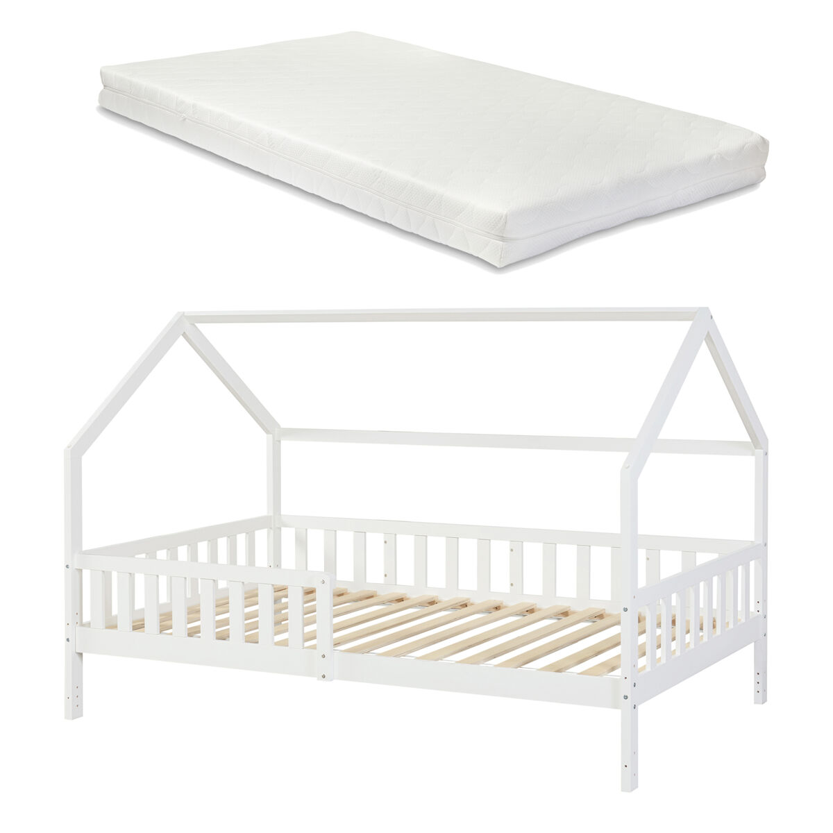 Cama infantil cabaña ydre con colchón regulable en altura pino 120x200cm - blanco [en.casa]