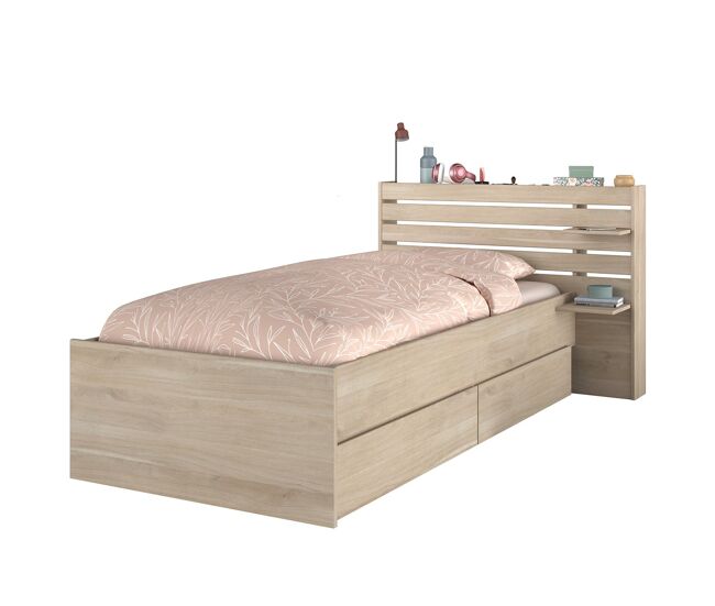 Cama individual 90x190/200 con 2 cajones y 2 estantes - escala