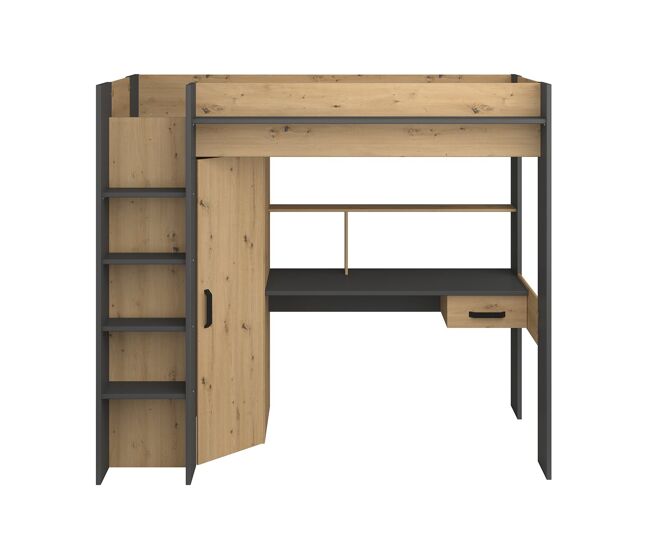 Cama mezanina con escritorio y almacenajes - acabado roble y negro