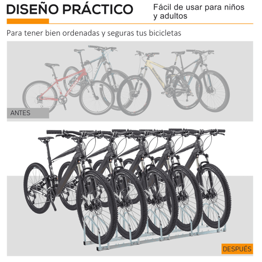 HOMCOM Estacionamento para 4 Bicicletas Suporte de Aço para Estacionar Bicicletas no Chão para Interior e Exterior 110x33x27 cm Prata