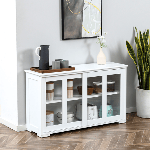 HOMCOM Aparador de Cozinha Moderno Aparador Empilhável Móvel Auxiliar de Cozinha com 2 Portas de Correr de Vidro e Prateleira Ajustável para Sala de Estar Sala de Jantar 107x33x62,5 cm Branco