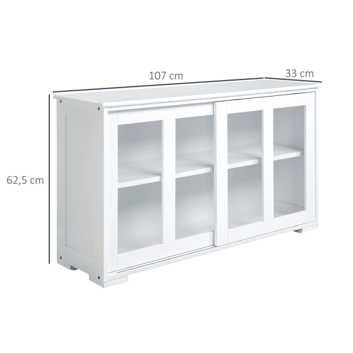 HOMCOM Aparador de Cozinha Moderno Aparador Empilhável Móvel Auxiliar de Cozinha com 2 Portas de Correr de Vidro e Prateleira Ajustável para Sala de Estar Sala de Jantar 107x33x62,5 cm Branco