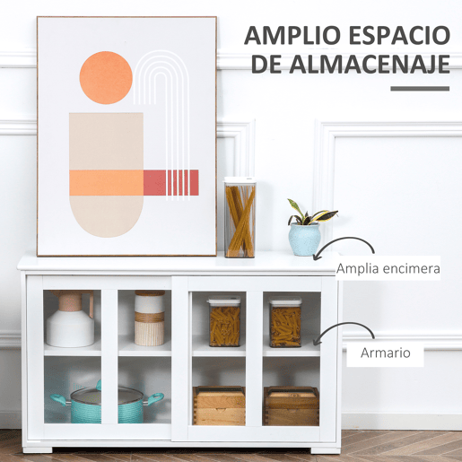 HOMCOM Aparador de Cozinha Moderno Aparador Empilhável Móvel Auxiliar de Cozinha com 2 Portas de Correr de Vidro e Prateleira Ajustável para Sala de Estar Sala de Jantar 107x33x62,5 cm Branco