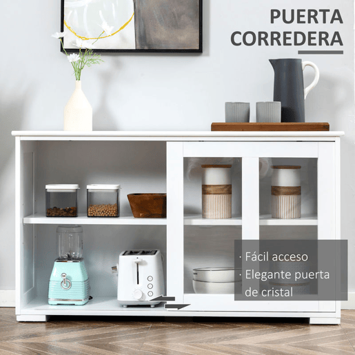 HOMCOM Aparador de Cozinha Moderno Aparador Empilhável Móvel Auxiliar de Cozinha com 2 Portas de Correr de Vidro e Prateleira Ajustável para Sala de Estar Sala de Jantar 107x33x62,5 cm Branco