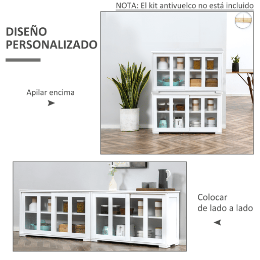 HOMCOM Aparador de Cozinha Moderno Aparador Empilhável Móvel Auxiliar de Cozinha com 2 Portas de Correr de Vidro e Prateleira Ajustável para Sala de Estar Sala de Jantar 107x33x62,5 cm Branco