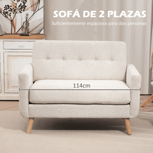 HOMCOM Sofá de 2 Lugares Estofado em Veludo Sofá de Sala de Estar Moderno com Apoio para os Braços e Pés de Madeira Carga 240 kg para Dormitório Escritório 114x71x82 cm Beige