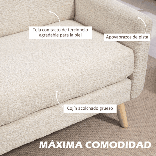 HOMCOM Sofá de 2 Lugares Estofado em Veludo Sofá de Sala de Estar Moderno com Apoio para os Braços e Pés de Madeira Carga 240 kg para Dormitório Escritório 114x71x82 cm Beige