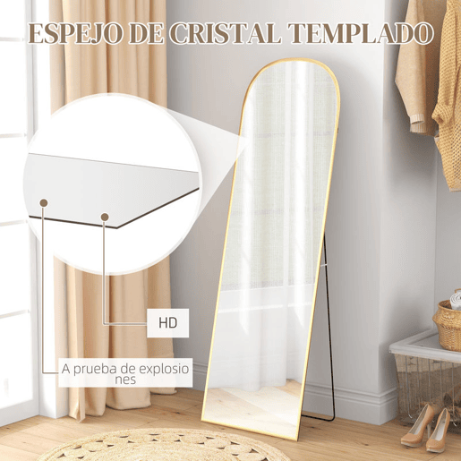 HOMCOM Espelho de Pé Espelho de Corpo Inteiro 50x170 cm Espelho de Parede com Estrutura de Liga de Alumínio e Suporte para Sala Quarto Banheiro Dourado
