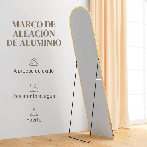 HOMCOM Espelho de Pé Espelho de Corpo Inteiro 50x170 cm Espelho de Parede com Estrutura de Liga de Alumínio e Suporte para Sala Quarto Banheiro Dourado