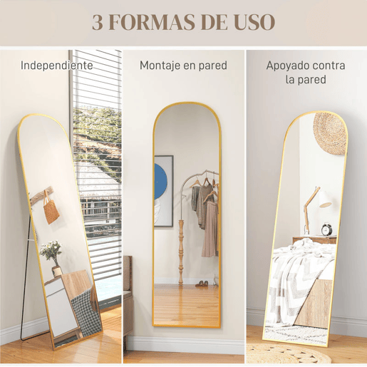 HOMCOM Espelho de Pé Espelho de Corpo Inteiro 50x170 cm Espelho de Parede com Estrutura de Liga de Alumínio e Suporte para Sala Quarto Banheiro Dourado