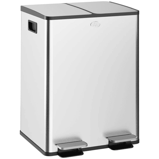 HOMCOM Balde de Lixo de Cozinha com 2 Compartimentos 2x20L Cubo de Lixo de Aço Inoxidável com Pedal Tampa de Fechamento Suave e Cubo Amovível para Escritório Cozinha Prata