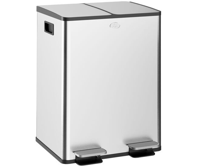 Homcom cubo de basura de cocina con 2 compartimentos 2x20l papelera cocina de acero inoxidable con pedal tapas de cierre suave y cubo extraíble para reciclaje residuos restos de comida plata