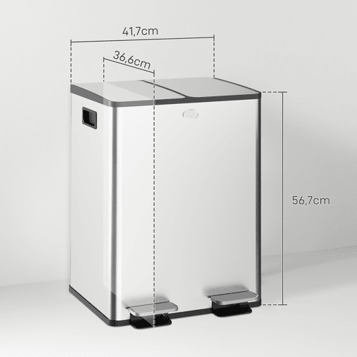 HOMCOM Balde de Lixo de Cozinha com 2 Compartimentos 2x20L Cubo de Lixo de Aço Inoxidável com Pedal Tampa de Fechamento Suave e Cubo Amovível para Escritório Cozinha Prata
