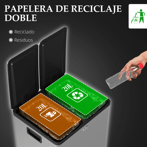 HOMCOM Balde de Lixo de Cozinha com 2 Compartimentos 2x20L Cubo de Lixo de Aço Inoxidável com Pedal Tampa de Fechamento Suave e Cubo Amovível para Escritório Cozinha Prata