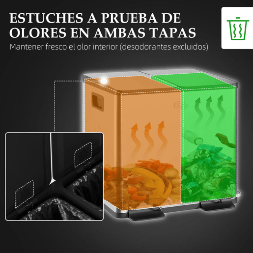 HOMCOM Balde de Lixo de Cozinha com 2 Compartimentos 2x20L Cubo de Lixo de Aço Inoxidável com Pedal Tampa de Fechamento Suave e Cubo Amovível para Escritório Cozinha Prata