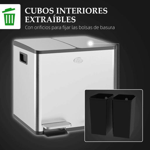 HOMCOM Balde de Lixo de Cozinha com 2 Compartimentos 2x20L Cubo de Lixo de Aço Inoxidável com Pedal Tampa de Fechamento Suave e Cubo Amovível para Escritório Cozinha Prata