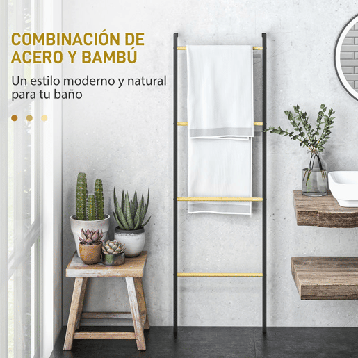 HOMCOM Toalheiro de 4 Níveis Toalheiro Escada Apoiado na Parede Toalheiro Casa de Banho com 4 Barras de Bambu e Estrutura de Aço 49x5,5x167,5 cm Preto e Madeira