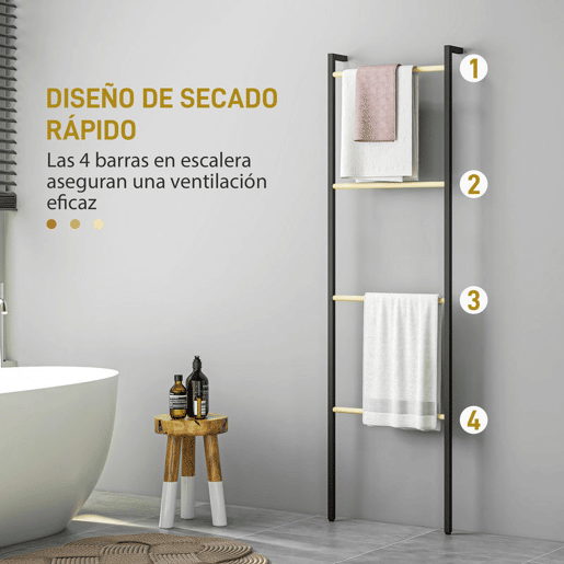 HOMCOM Toalheiro de 4 Níveis Toalheiro Escada Apoiado na Parede Toalheiro Casa de Banho com 4 Barras de Bambu e Estrutura de Aço 49x5,5x167,5 cm Preto e Madeira