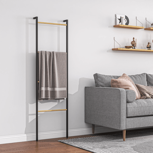 HOMCOM Toalheiro de 4 Níveis Toalheiro Escada Apoiado na Parede Toalheiro Casa de Banho com 4 Barras de Bambu e Estrutura de Aço 49x5,5x167,5 cm Preto e Madeira