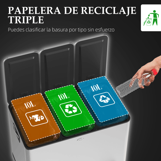 HOMCOM Balde de Lixo de Cozinha com 3 Compartimentos 3x10L Cubo de Lixo de Aço Inoxidável com Pedais Tampas com Fechamento Suave e Cubo Amovível para Escritório Cozinha Prata
