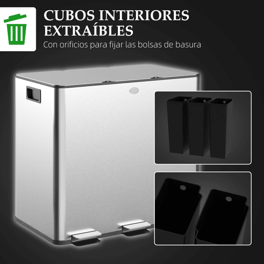HOMCOM Balde de Lixo de Cozinha com 3 Compartimentos 3x10L Cubo de Lixo de Aço Inoxidável com Pedais Tampas com Fechamento Suave e Cubo Amovível para Escritório Cozinha Prata