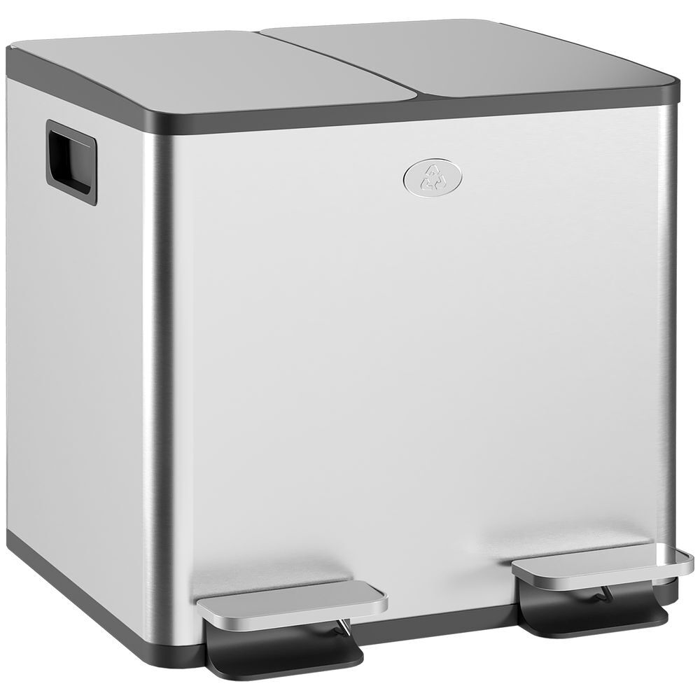 Homcom cubo de basura de cocina con 2 compartimentos 2x15l papelera cocina de acero inoxidable con pedal tapas de cierre suave y cubo extraíble para reciclaje residuos restos de comida plata