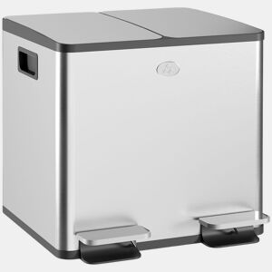 HOMCOM Balde de Lixo de Cozinha com 2 Compartimentos 2x15L Cubo de Lixo de Aço Inoxidável com Pedal Tampa de Fechamento Suave e Cubo Amovível para Escritório Cozinha Prata
