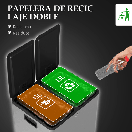 HOMCOM Balde de Lixo de Cozinha com 2 Compartimentos 2x15L Cubo de Lixo de Aço Inoxidável com Pedal Tampa de Fechamento Suave e Cubo Amovível para Escritório Cozinha Prata