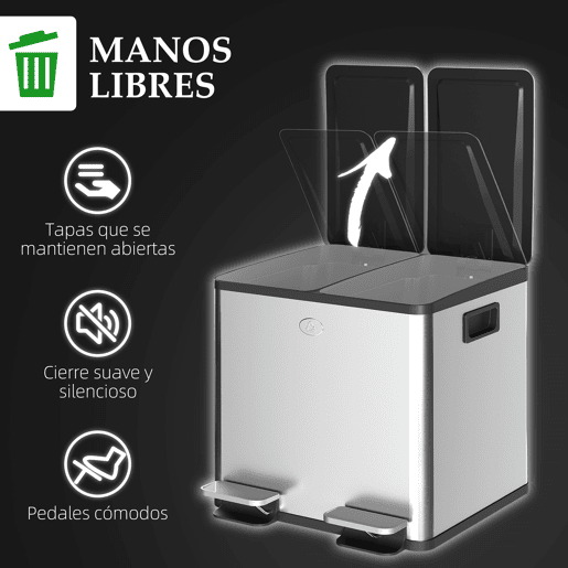 HOMCOM Balde de Lixo de Cozinha com 2 Compartimentos 2x15L Cubo de Lixo de Aço Inoxidável com Pedal Tampa de Fechamento Suave e Cubo Amovível para Escritório Cozinha Prata
