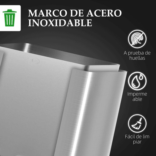 HOMCOM Balde de Lixo de Cozinha com 2 Compartimentos 2x15L Cubo de Lixo de Aço Inoxidável com Pedal Tampa de Fechamento Suave e Cubo Amovível para Escritório Cozinha Prata