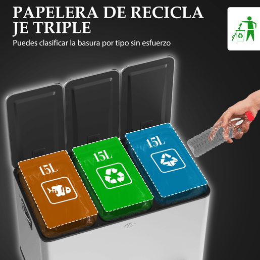 HOMCOM Balde de Lixo de Cozinha com 3 Compartimentos 3x15L Cubo de Lixo de Aço Inoxidável com Pedais Tampas com Fechamento Suave e Cubo Amovível para Escritório Cozinha Prata