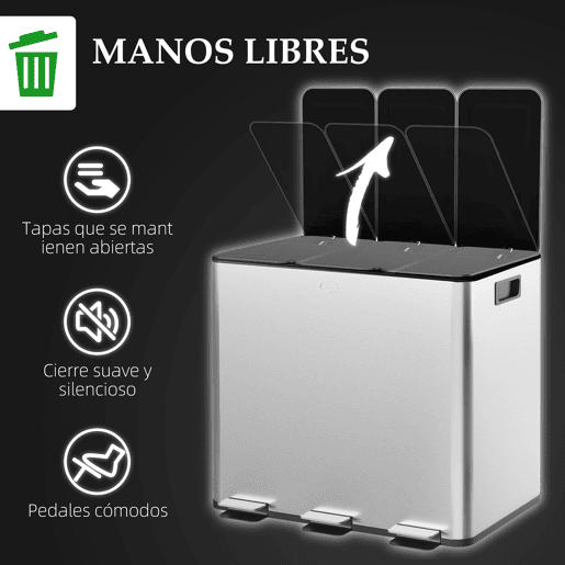 HOMCOM Balde de Lixo de Cozinha com 3 Compartimentos 3x15L Cubo de Lixo de Aço Inoxidável com Pedais Tampas com Fechamento Suave e Cubo Amovível para Escritório Cozinha Prata