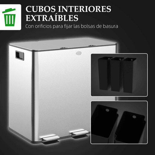 HOMCOM Balde de Lixo de Cozinha com 3 Compartimentos 3x15L Cubo de Lixo de Aço Inoxidável com Pedais Tampas com Fechamento Suave e Cubo Amovível para Escritório Cozinha Prata