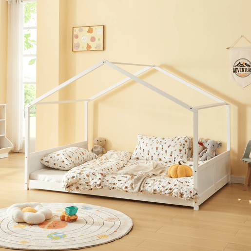 Cama de criança Simo em forma de casa de pinho 120x200cm - Branco en.casa